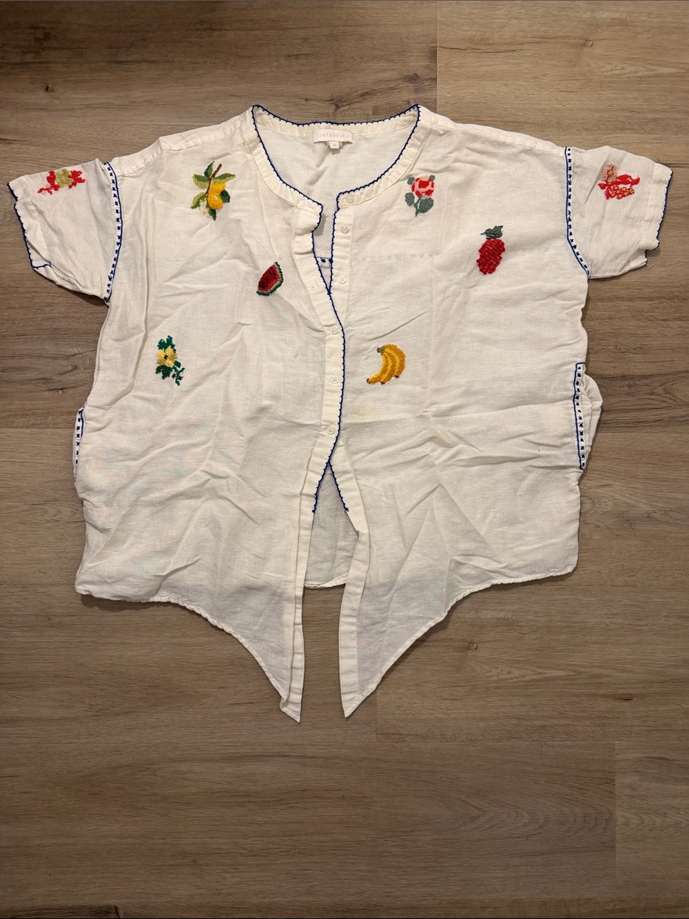 White Embroidered Fruit Button-Front Blouse